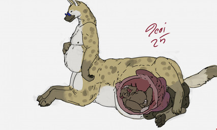anthro balls belly brown_body brown_fur duo erection eyewear feet fur genitals glasses humanoid_genitalia humanoid_penis inside_stomach internal male male/male male_pred masturbating_prey masturbation masturbation_inside_body masturbation_inside_stomach nipples nude_pred oral_vore penis simple_background tail tan_body tan_fur vore white_background jeri_kleinlowe hyena mammal mouse murid murine rodent taur 2025 colored dated hi_res signature