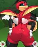 2020 4_arms absurd_res anthro anthrofied arthropod big_breasts blue_eyes breasts butt female forest generation_2_pokemon genitals half-closed_eyes hand_on_butt hi_res huge_breasts insect ledian looking_at_viewer looking_back looking_back_at_viewer mostly_nude multi_arm multi_limb narrowed_eyes nic-m-lyc nintendo non-mammal_breasts open_mouth plant pokeball pokemon pokemon_(species) pokemon_go pokemorph presenting presenting_hindquarters pussy red_body solo tree