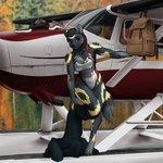 aircraft airplane anthro arm_tuft backpack black_body black_fur breasts clothing dreadlocks female flotation_device fur hair inner_ear_fluff looking_at_viewer multicolored_body multicolored_fur one-piece_swimsuit outside red_eyes seaplane shoulder_tuft solo swimwear tuft undressing vehicle yellow_body yellow_fur mykegreywolf nintendo pokemon african_wild_dog canid canine eeveelution generation_2_pokemon hybrid mammal pokemon_(species) umbreon 1:1 2023 absurd_res digital_media_(artwork) hi_res