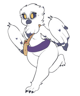 anthro backpack beak black_body black_feathers black_sclera breasts eyewear feathered_wings feathers feet female glasses non-mammal_breasts sash simple_background solo talons thick_thighs toes white_body white_feathers wide_hips wings itsunknownanon amelia_abernachy avian bird horned_owl owl snowy_owl true_owl 5:6 hi_res