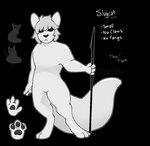 ambiguous_gender black_background black_eyes black_nose cel_shading english_text featureless_crotch holding_object holding_weapon humanoid model_sheet nonbinary_(lore) nude pawpads paws puppetmaster13uwu rain_world shaded silhouette simple_background slugcat slugcat_humanoid solo standing tail text thick_tail videocult weapon white_body