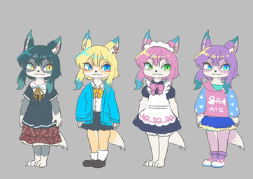 3_toes 4_fingers alternate_color alternate_costume anthro barefoot biped black_nose blonde_eyebrows blonde_hair blue_clothing blue_eyes blue_jacket blue_shirt blue_topwear bottomwear bow_(feature) bow_ribbon clothed clothed_anthro clothed_female clothing collared_shirt dipstick_ears dipstick_tail dress dress_shirt ear_markings ear_piercing eyebrows eyelashes feet female female_anthro fingers footwear fully_clothed fully_clothed_anthro fully_clothed_female fur glistening glistening_eyes gloves_(marking) green_eyes grey_body grey_fur hair highlights_(coloring) hoodie inner_ear_fluff jacket kemono leg_markings looking_aside maid_headdress maid_uniform markings monotone_body monotone_fur mouth_closed multicolored_body multicolored_clothing multicolored_dress multicolored_ears multicolored_fur multicolored_hair multicolored_hoodie multicolored_topwear piercing pink_eyebrows pink_hair pupils purple_body purple_clothing purple_eyebrows purple_footwear purple_fur purple_hair purple_socks red_bottomwear red_clothing red_skirt shirt shoes skirt socks socks_(marking) solo standing tail tail_markings tan_body tan_fur tan_tail teal_ears teal_eyebrows teal_hair teal_highlights toes topwear tuft two_tone_body two_tone_ears two_tone_fur two_tone_hair uniform white_body white_clothing white_dress_shirt white_footwear white_fur white_inner_ear_fluff white_sclera white_shoes white_socks white_tail_tip yellow_eyes young young_anthro young_female medlichan suzuna-chan_(medlichan) domestic_cat felid feline felis mammal 2018 absurd_res concept_art digital_drawing_(artwork) digital_media_(artwork) flat_colors hi_res