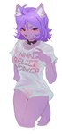 anthro breasts camel_toe clothing collar female fur hair looking_at_viewer nipple_outline purple_body purple_eyes purple_fur purple_hair shirt simple_background solo tail text text_on_clothing text_on_shirt text_on_topwear topwear wet wet_body white_background corablue no_nut_november ultra_(ultrabondagefairy) domestic_cat felid feline felis mammal 2024 digital_media_(artwork) hi_res meme