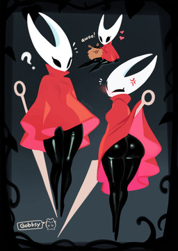 angry anthro big_butt biped black_body butt cloak clothed clothing clothing_lift dress duo female heart_symbol hornet's_needle melee_weapon multiple_poses pose red_cloak red_clothing red_dress weapon gobbsy hollow_knight_(franchise) team_cherry hornet_(hollow_knight) arachnid arthropod flea_(hollow_knight:_silksong) spider 2025 hi_res
