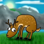 ambiguous_gender antlers big_eyes blurred_background brown_body brown_eyes brown_fur cloud cloven_hooves feral fur grass hooves horn mountain nature nature_background outside plant river silly sky solo spots sun jelloponies deer mammal 1:1 absurd_res hi_res