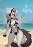 anthro beach big_breasts bikini black_body black_fur breasts cigarette clothed clothing collar ear_piercing ear_ring eyebrow_piercing facial_piercing female fur grey_body grey_fur hair outside piercing red_sclera ring_piercing sand seaside sky smile smoking solo swimwear tail text thick_thighs two-piece_swimsuit water white_body white_fur pulred helluva_boss mythology loona_(helluva_boss) canid canid_demon canine demon hellhound mammal mythological_canine mythological_creature hi_res url