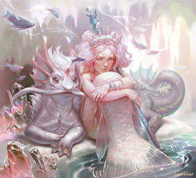 5_fingers bracelet claws crown detailed_background duo female feral fingers hair headgear horn jewelry lying on_front painting_(object) sitting smile split_form water white_hair levelviolet aquatic fish mammal merfolk monster 2019 digital_media_(artwork)