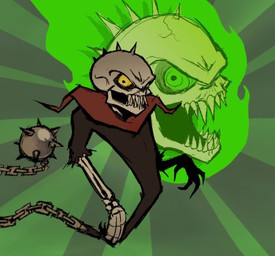 black_clothing black_eyes bone chain clothing green_background green_sclera looking_at_viewer male not_furry open_mouth sharp_teeth simple_background skeleton smile smiling_at_viewer solo spikes spikes_(anatomy) teeth white_body yellow_sclera supercreep64 activision skylanders ghost_roaster_(skylanders) animated_skeleton undead 2025 colored digital_media_(artwork) shaded