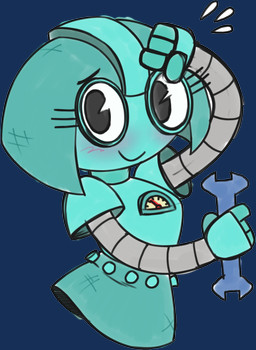 black_eyebrows black_eyes blush closed_smile eyebrows eyelashes female female_humanoid gauge grey_body holding_object holding_tool holding_wrench looking_at_viewer machine mouth_closed multicolored_body not_furry pseudo_clothing pseudo_hair simple_background smile smiling_at_viewer solo teal_body tools toony transparent_background two_tone_body wiping_forehead wrench roger_bacon dumbotz l-viz android humanoid robot robot_humanoid 2026 alpha_channel hi_res portrait three-quarter_portrait