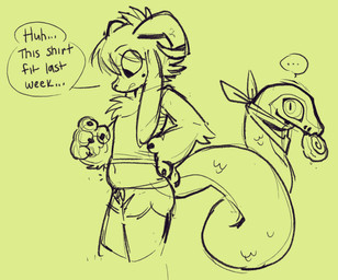 4_fingers ambiguous_gender anthro belly chest_tuft cinnamon_bun clothed clothing fingers food food_in_mouth hand_on_hip hand_on_own_hip horn humanoid_hands kerchief living_tail looking_down looking_down_at_belly looking_down_at_self navel neckerchief neckwear pastry raised_clothing raised_shirt raised_tank_top raised_topwear shirt slightly_chubby slightly_chubby_ambiguous slightly_chubby_anthro snake_tail solo speech_bubble tail talking_to_self tank_top text topwear tuft unusual_anatomy unusual_tail serafphim reptile scalie snake english_text hi_res