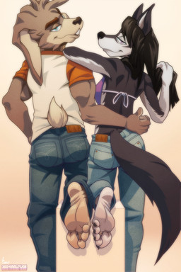 4_toes 5_toes anthro bedroom_eyes bottomwear bra clothed clothed_female clothed_male clothing denim denim_bottomwear denim_clothing duo feet female foot_fetish foot_focus humanoid_feet jeans male narrowed_eyes pants plantigrade seductive soles toes underwear 3rdharleyjoe austin_(3rdharleyjoe) haru_(haruawuu) canid canine canis lagomorph leporid mammal rabbit wolf 2:3 hi_res