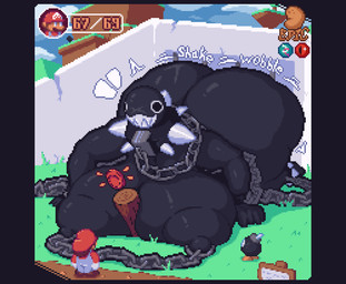 all_fours anthro anthrofied between_breasts big_breasts big_butt black_body black_eyes black_nipples bob-omb_battlefield bound breasts butt chain chained coin collar facial_scar female female_focus food gameplay_mechanics glistening glistening_breasts glistening_butt group huge_breasts huge_butt hyper hyper_breasts hyper_butt larger_female monotone_body motion_lines nipple_piercing nipples onomatopoeia piercing plant potato red_coin scar sharp_teeth size_difference smile solo_focus sound_effects spiked_collar spikes teeth text trio vegetable epicpotatolord mario_bros nintendo super_mario_64 gigi_(thecoatl034) mario bob-omb chain_chomp human humanoid mammal digital_media_(artwork) pixel_(artwork)