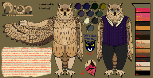 accessory anklet anthro artist avian_feet ball_of_yarn beak bottomwear claws clothing collared_shirt cursive dress_shirt engraving eyewear feathers glasses jewelry lined_paper logo male natural_colors necktie open_mouth pants paper pin_accessory red_text shirt slightly_chubby solo spread_wings tail text tired_eyes tongue topwear twitter_handle wearing_glasses wings yarn pookashifts professor_dion avian bird indian_eagle-owl owl absurd_res alternate_version_at_source colored english_text handwritten_text hi_res model_sheet