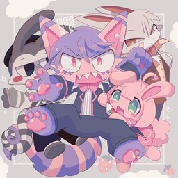 ahoge anthro bangs black_eyes blue_body blue_fur blush bodily_fluids bow_tie clothing fluffy fluffy_tail fur green_eyes grey_body grey_fur group hair interrobang male markings mime pawpads paws pink_body pink_clothing pink_eyes pink_fur pink_pawpads pupils purple_body purple_fur purple_markings red_clothing red_eyes ring_(marking) ringed_tail rosy_cheeks slit_pupils striped_markings striped_tail stripes suit tail tail_markings tears white_body white_fur bayachao makemon alan_(makemon) chesica_(bayachao) dolce_(bayachao) domestic_cat domestic_rabbit felid feline felis lagomorph leporid mammal oryctolagus rabbit 1:1 2020
