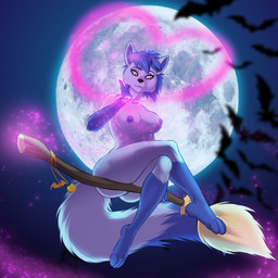 anthro blue_body blue_hair breasts broom broom_riding butt cleaning_tool clothing crossed_legs dipstick_tail female genitals gloves_(marking) hair heart_symbol holidays leg_markings light looking_down magic markings moonlight nipples nude short_hair socks_(marking) solo tail tail_markings underwear yellow_eyes belassa night_star_(wolf) ambient_bat canid canine canis mammal wolf absurd_res hi_res