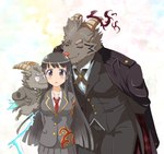 anthro blush butler clothed clothing coat female flying fully_clothed fur grey_body grey_eyes grey_fur group hands_behind_back horn horn_jewelry horn_ring jewelry leaning leaning_forward male necktie pink_nose ring_(jewelry) school_uniform shirt simple_background size_difference smile standing suit topwear uniform ren_izayoi lifewonders tokyo_afterschool_summoners female_protagonist_(tas) mephistopheles_(tas) protagonist_(tas) salomonkun bovid caprine demon goat human mammal 2021 digital_drawing_(artwork) digital_media_(artwork)