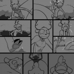 1:1 angry anthro antlers bottomwear bovid caprine clothed clothing comic deer digital_drawing_(artwork) digital_media_(artwork) disappointed domestic_sheep duo facepalm female grey_background hitting_head hooves horn humor kick male mammal mistaken_identity monochrome night nipples open_mouth ouch pain pants rock scared sheep silhouette simple_background slypon tent topless topless_male