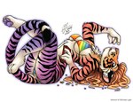 anthro black_body black_fur breasts candy candy_wrapper dessert female food fur hair holding_object inner_ear_fluff lying on_back orange_body orange_fur pawpads purple_body purple_fur rainbow_bikini red_hair skittles solo tuft under_boob white_body white_fur michele_light felid mammal pantherine tiger 2024 colored_pencil_(artwork) marker_(artwork) traditional_media_(artwork)