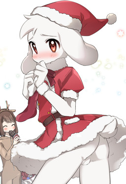 anthro backsack balls blush bottomless bottomless_anthro bottomless_female bottomwear bow_ribbon butt candy chocolate christmas_clothing christmas_headwear clothed clothing costume crossdressing crossdressing_male dessert duo female food fur genitals hat headgear headwear holidays kemono looking_at_viewer male novelty_clothing reindeer_costume santa_costume santa_hat scut_tail short_tail skirt solo_focus tail white_body white_fur young young_anthro young_male porygonleft christmas undertale undertale_(series) asriel_dreemurr chara_(undertale) bovid caprine goat human mammal hi_res