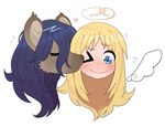 blonde_hair blue_eyes blue_hair blush blush_lines brown_body brown_ears brown_fur brown_nose cheek_tuft duo ear_tuft eyebrows eyes_closed facial_tuft floating_wings fur fur_tuft hair halo heart_symbol monotone_hair simple_background tuft unusual_anatomy unusual_wings white_background white_wings wings put2littlemore interspecies_reviewers crimvael_(interspecies_reviewers) elza_(interspecies_reviewers) angel humanoid hyena mammal spotted_hyena 2022