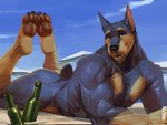 4_toes anthro beach biceps black_body black_fur black_nose bottle bubble_butt butt claws container feet fur looking_at_viewer male muscular muscular_anthro muscular_male nude pawpads pose seaside toes yellow_body yellow_fur mystikfox61 logan_(duke_corgi) canid canine canis dobermann domestic_dog mammal pinscher hi_res