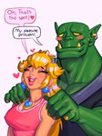 blonde_hair blush breasts cleavage clothed clothing crown dialogue duo ear_piercing ear_ring eyes_closed female green_body green_skin hair headgear heart_symbol humanoid_pointy_ears male massage open_mouth open_smile piercing pointy_ears ring_piercing simple_background smile text niloc_drewney mario_bros nintendo orc_massage princess_peach human humanoid mammal orc 2022 english_text hi_res