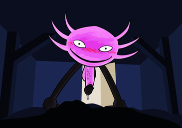bedroom big_penis blush bodily_fluids door dripping first_person_view flickering_light game_over gameplay_mechanics genital_fluids genitals humanoid_genitalia humanoid_penis looking_down male night open_door penis pink_body pink_skin precum precum_drip shitpost smile standing standing_on_bed stare text xystian kinitopet kinito amphibian aquatic axolotl mole_salamander salamander animated animated_gif meme short_playtime