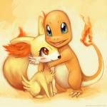 ambiguous_gender blue_eyes blush duo feral fire flaming_tail fur happy hug looking_at_viewer orange_body orange_eyes orange_skin shy smile tail text white_body white_fur yellow_body yellow_fur eldrige nintendo pokemon canid canine charmander fennekin generation_1_pokemon generation_6_pokemon lizard mammal pokemon_(species) reptile scalie 1:1 2013 orange_theme url warm_colors