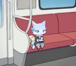 accessory anthro blue_body blue_eyes blue_fur bored bottomwear cellphone chibi clothed clothing dress_shirt dress_shoes electronics female footwear fur handbag holding_object inside_train kemono legwear pantyhose phone public public_transportation ribbons semi-anthro shirt skirt smartphone solo suit topwear train vehicle pyritie domestic_cat felid feline felis mammal 2020 digital_media_(artwork) hi_res