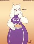 2018 anthro boss_monster_(undertale) bovid caprine clothed clothing comic dessert digital_media_(artwork) eating female food gradient_background hi_res horn long_ears mammal nekocrispy pastry pie sequence simple_background slightly_chubby solo toriel undertale undertale_(series) wide_hipped_female wide_hips