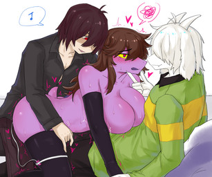alternate_species anthro big_breasts breasts brown_hair clothed clothing female freckles fully_clothed fur furrification green_clothing green_sweater green_topwear group group_sex hair hair_over_eyes heart_symbol horn human_on_anthro interspecies legwear male male/female mostly_nude pattern_clothing pattern_sweater pattern_topwear red_eyes sex sex_toy short_tail stockings striped_clothing striped_sweater striped_topwear stripes sweater tail thigh_highs threesome topwear trio vibrator white_body white_fur white_hair hechangjun250 deltarune undertale undertale_(series) asriel_dreemurr kris_dreemurr susie_(deltarune) bovid caprine goat human mammal reptile scalie absurd_res hi_res adopted_(lore) adoptive_brother_(lore) adoptive_sibling_(lore)