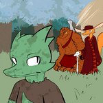 1:1 anthro bottomwear cane clothed clothing digital_media_(artwork) dirty fen_(lagotrope) fluffy fluffy_tail fur furred_kobold furred_scalie grass green_body green_skin group hat headgear headwear horn kobold lagotrope lizard long_ears looking_back male melee_weapon mountain_kobold orange_body orange_fur orange_scales outline outside plant reptile robe scales scalie shirt shup skirt story story_at_source story_in_description sword tail tgchan topless topwear tree trio weapon