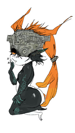 big_butt biped black_body black_hair black_skin breasts butt featureless_breasts feet female green_markings hair hair_hand hair_over_eye half-closed_eyes humanoid_pointy_ears kneeling lidded_eyes looking_at_viewer markings multicolored_body multicolored_hair multicolored_skin narrowed_eyes nude one_fang orange_eyes orange_hair pear-shaped_figure pointy_ears ponytail prehensile_hair seiza side_view simple_background sitting small_breasts small_feet solo two_tone_body two_tone_hair two_tone_skin white_background white_body white_skin wide_hips kamamarata nintendo the_legend_of_zelda twilight_princess midna humanoid imp twili 2026 digital_drawing_(artwork) digital_media_(artwork) full-length_portrait portrait