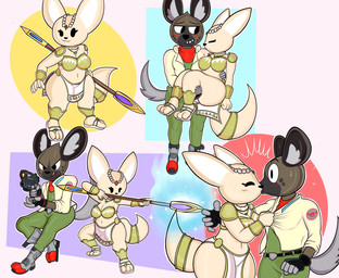 abstract_background accessory anthro armor aura bikini_armor blush bodily_fluids bottomwear bridal_carry carrying_another clothed clothing clothing_grab cosplay duo female footwear furgonomics kiss_on_lips kissing loincloth male male/female melee_weapon navel polearm raised_tail sandals shoes spear sweat tail tail_accessory tailband unconvincing_armor weapon blackmore aggretsuko nintendo sanrio star_fox fenneko fox_mccloud haida_(aggretsuko) krystal_(star_fox) canid canine fennec_fox fox hyena mammal spotted_hyena true_fox absurd_res hi_res