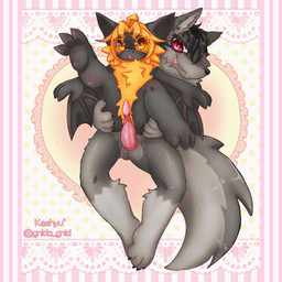 3_toes 4_toes anthro balls black_body black_hair black_skin claws duo erection eyebrows fangs feet fur genitals grey_body grey_fur hair herm intersex intersex/male kemono lifting_partner male maleherm membrane_(anatomy) membranous_wings on_lap open_mouth orange_body orange_eyes orange_fur orange_hair orange_sclera paws penetration penis raised_leg red_eyes sitting sitting_on_another sitting_on_lap small_penis tail tapering_penis teeth toes tongue vaginal vaginal_penetration wings young gnida_gnid keshyu_(gnida_gnid) bat canid canine canis mammal wolf 1:1 hi_res
