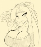 anthro big_breasts breasts cleavage clothed clothing costume female fur hair huge_breasts inner_ear_fluff solo text tuft uniform mastergodai knuckle_up! hawke_(mastergodai) domestic_cat felid feline felis mammal 2015 black_and_yellow english_text monochrome