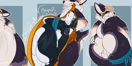 abdominal_bulge after_vore anthro anus armband armband_only belly big_belly big_butt big_ears body_outline butt butt_grab digestion duo fluffy fur hand_on_belly hand_on_butt inside_stomach internal male male/male markings navel neck_tuft nub_tail nude orange_anus orange_internal orange_tongue overweight overweight_male post_digestion prey_outline rumbling_stomach size_difference smaller_pred spots spotted_body spotted_fur spotted_markings thick_thighs tongue tuft vore weight_gain wide_hips gurglegluts muffin_the_corgi canid canine canis domestic_dog herding_dog husky hybrid mammal nordic_sled_dog pastoral_dog spitz welsh_corgi wolf wolfdog absurd_res comic hi_res sequence