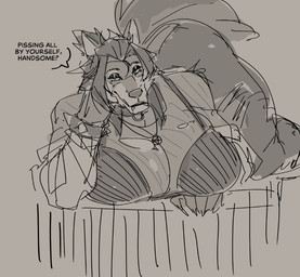 anthro bedroom_eyes big_breasts bra bracelet breasts claws cleavage clothed clothing countershade_face countershading dialogue facial_piercing female fur green_eyes hair huge_breasts humor jewelry lip_piercing long_hair long_tail looking_at_viewer lying mature_female narrowed_eyes occult_symbol on_front pentagram pentagram_necklace piercing seductive simple_background solo speech_bubble spiked_bracelet spikes sport symbol tail text thick_thighs underwear ghangaji pissing_all_by_yourself_handsome? saz_(ghangaji) canid canine canis mammal wolf digital_drawing_(artwork) digital_media_(artwork) english_text meme monochrome sketch