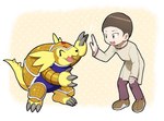 bowl_cut brown_hair claws duo feral gesture hair high_five male smile yellow_body young hsnkz809 bandai_namco digimon cody_hida armadillomon digimon_(species) human mammal