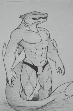 abs anthro clothed clothing dorsal_fin fin fin_piercing fin_ring front_view furgonomic_piercing furgonomics glistening glistening_eyes head_fin looking_at_viewer male male_anthro muscular muscular_anthro muscular_male narrowed_eyes open_mouth partially_submerged pecs piercing simple_background solo speedo standing swimwear topless hufnaar aquatic fish shark hi_res monochrome traditional_media_(artwork)