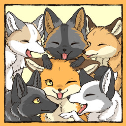 ambiguous_gender black_body black_fur black_nose border brown_body brown_fur claws eyes_closed fangs feral fur grey_body grey_fur group inner_ear_fluff markings multicolored_body multicolored_fur one_eye_closed open_mouth orange_body orange_fur pink_tongue simple_background smile tan_body tan_fur teeth tongue tongue_out tuft white_body white_fur yellow_border yellow_eyes fusau canid canine cross_fox fox mammal platinum_fox red_fox silver_fox true_fox 1:1 2025 absurd_res digital_media_(artwork) hi_res