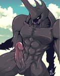 big_penis black_body exoskeleton genitals horn humanoid_genitalia humanoid_penis male muscular muscular_male not_furry penis sky skyscape solo uang unicorn_beetle reho arthropod beetle humanoid insect monster hi_res