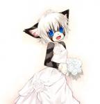 anthro blue_eyes blush bride claws clothing crown dress female flower fur grey_body grey_fur hair headgear kemono looking_at_viewer open_mouth plant pupils short_hair slit_pupils smile solo striped_body striped_fur stripes tiara wedding_dress whiskers white_hair young cotora karin_(tetetor-oort) domestic_cat felid feline felis mammal