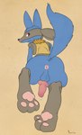 3_toes animal_genitalia animal_penis anthro blue_body blue_fur bodily_fluids butt canine_genitalia canine_penis feet fur genital_fluids genitals knot male penis precum rear_view red_eyes soles solo toes conditional_dnp pawsta nintendo pokemon generation_4_pokemon lucario pokemon_(species) absurd_res hi_res