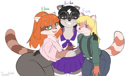 anthro asian_clothing big_butt biped black_hair blonde_hair blue_eyes bottomwear butt clothed clothed_anthro clothed_female clothing east_asian_clothing eyewear female freckled_face freckles glasses group hair japanese_clothing japanese_school_uniform leggings legwear orange_hair pants posing_for_picture purple_eyes school_uniform smile suspenders thick_thighs trio uniform wearing_glasses wide_hips toonarscontent elina_(toonarscontent) erika_(toonarscontent) eva_(toonarscontent) mammal procyonid raccoon absurd_res digital_media_(artwork) hi_res portrait three-quarter_portrait