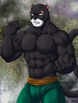 abs anthro athletic beard biceps big_muscles biped black_body black_fur black_nose black_tail bottomwear bulge clenched_teeth clothing facial_hair feet flexing fur green_bottomwear green_clothing green_pants male melanistic muscular muscular_anthro muscular_male pants pecs pose shirt shirtless_male solo standing tail teeth topwear chibikoma fairy_tail pantherlily domestic_cat felid feline felis mammal pantherine 2021 3:4 absurd_res digital_drawing_(artwork) digital_media_(artwork) hi_res