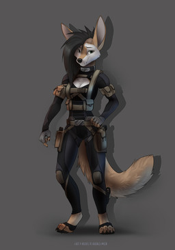 4_toes 5_fingers anthro biped black_claws black_eyebrows black_hair black_nose breasts brown_body brown_fur claws cleavage closed_smile clothed clothing collar cute_fangs digitigrade eyebrows fangs feet female finger_claws fingers footwear front_view fully_clothed fur green_eyes grey_background hair harness looking_at_viewer mouth_closed multicolored_body multicolored_fur sidecut simple_background smile smiling_at_viewer solo special_forces standing tactical tail teeth text text_on_collar toe_claws toeless_footwear toes two_tone_body two_tone_fur undercut white_body white_fur koul jessica_vega canid canine canis coyote mammal absurd_res artist_name english_text full-length_portrait hi_res portrait