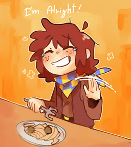 ambiguous_gender bodily_fluids clothed clothed_human clothing crying cutlery dialogue eyes_closed food fork freckles furniture gesture grin hair kitchen_utensils meatball not_furry pasta plate smile solo spaghetti table tears tears_of_joy text tools waving young young_human darlie-charlie undertale_yellow clover_(undertale_yellow) human mammal 2024 digital_drawing_(artwork) digital_media_(artwork) english_description english_text hi_res