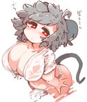 ahoge asian_clothing big_breasts breasts cleavage clothed clothing east_asian_clothing female fundoshi grey_hair hair high-angle_view japanese_clothing looking_up red_eyes short_hair solo text underwear wet wet_clothing sabitare touhou nazrin animal_humanoid humanoid mammal mammal_humanoid mouse_humanoid murid murid_humanoid murine murine_humanoid rodent rodent_humanoid absurd_res hi_res japanese_text translation_request