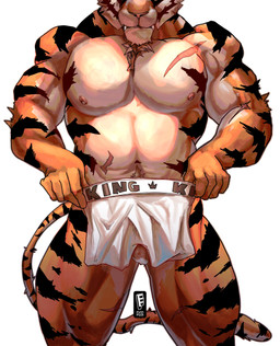 anthro balls biceps boxer_briefs clothing fangs front_view fur genitals holding_clothing holding_object holding_underwear male musclegut muscular muscular_anthro muscular_male nipples nude pecs pose pubes quads scar sharp_teeth simple_background solo standing striped_body striped_fur stripes tail teeth triceps underwear white_background fuyifuji epic_games fortnite oscar_(fortnite) bengal_tiger felid mammal pantherine tiger 2026 absurd_res hi_res pinup portrait three-quarter_portrait